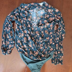 American Eagle Outfitters Floral Bodysuit - Dark Green and Peach